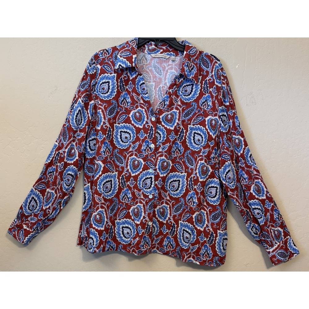 Soft Surroundings Addison Gauze Button Shirt Large L Roll Tab Sleeve Cotton